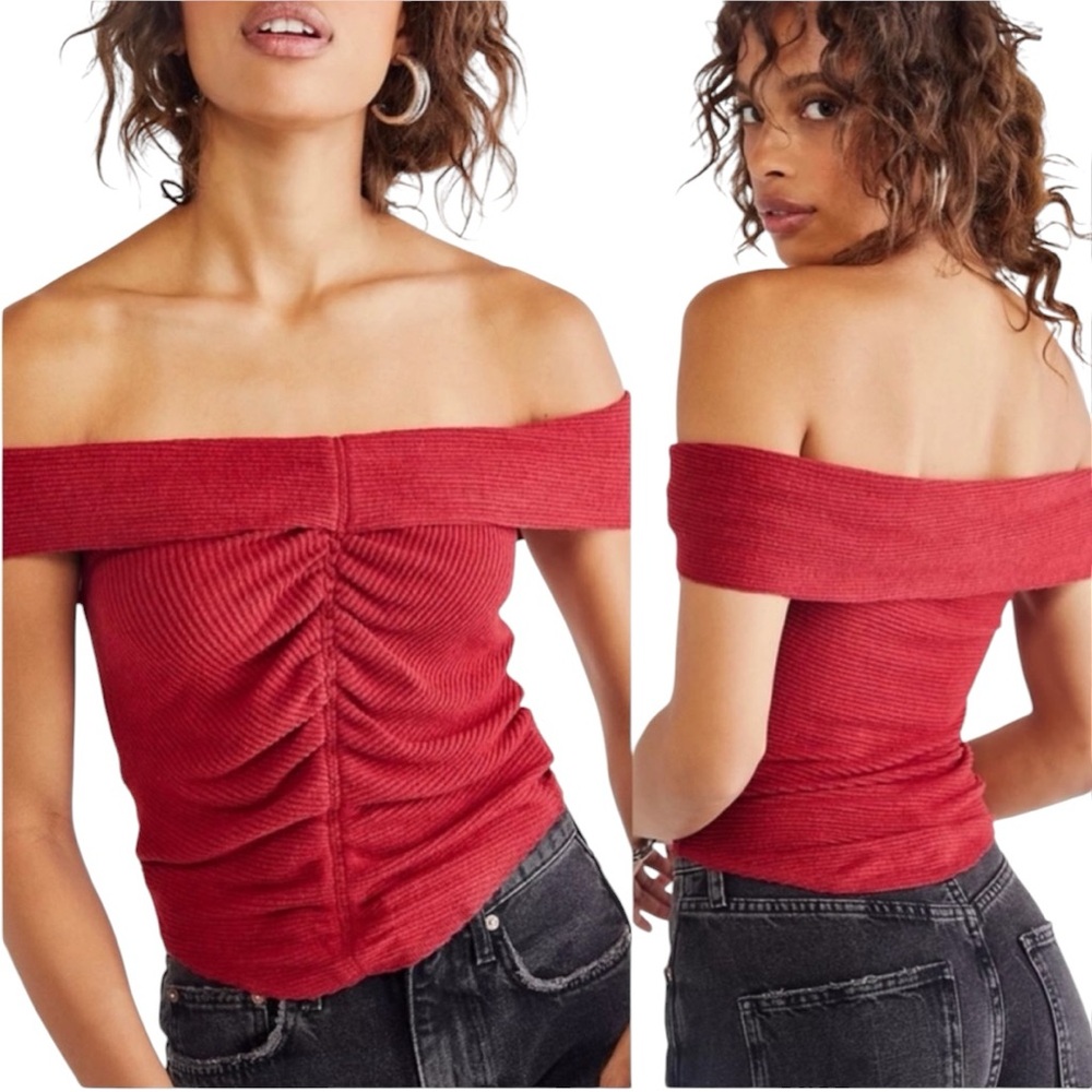 Free People Off-the-Shoulder Ruched Rib Knit Top - Red, XS